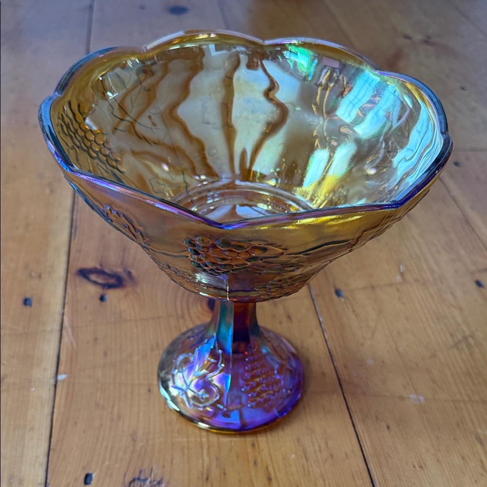 Iridescent Glass Pedestal Bowl with Gold and Purple Accents
